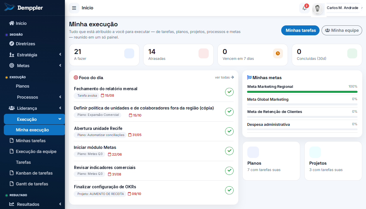 Tela de execução da Demppler com foco do dia, tarefas e metas, usando dados ilustrativos